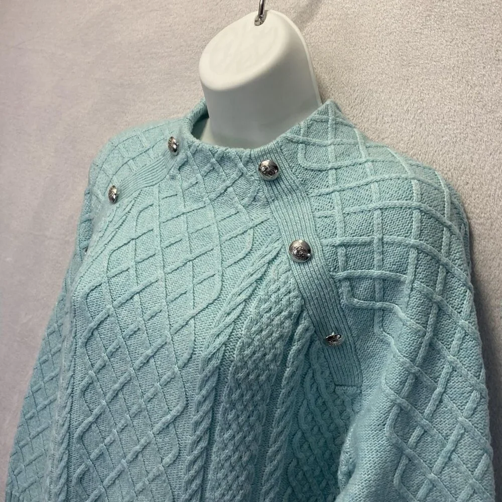 Talbots Cable Knit Sweater Womens Petite Large PL‎ Aqua Blue Buttons Old Money